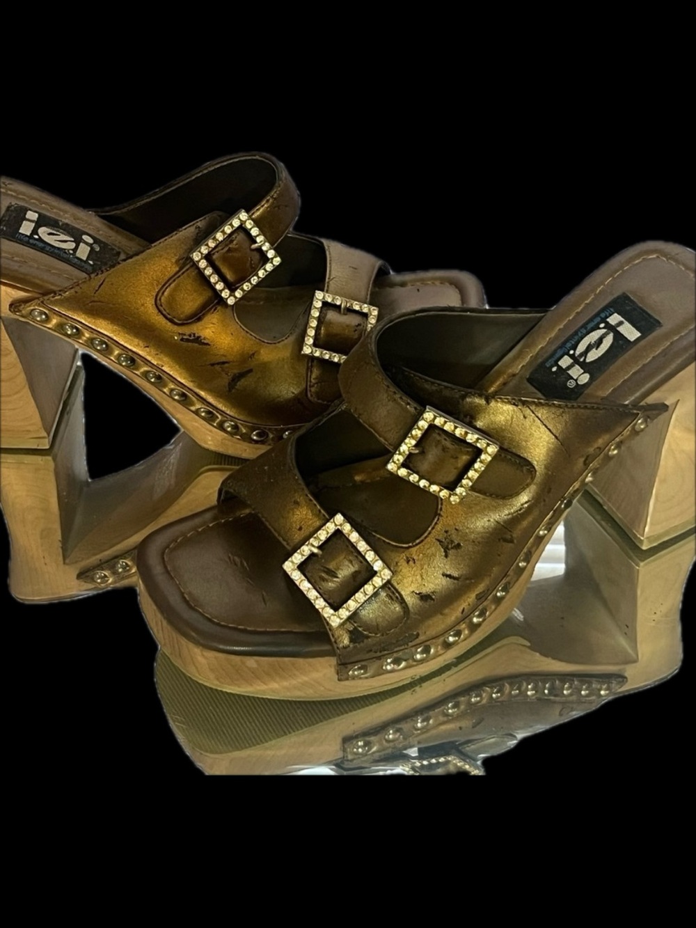 lei Bronze Leather rhinestone Crystal buckle platform high heel wood mule shoes